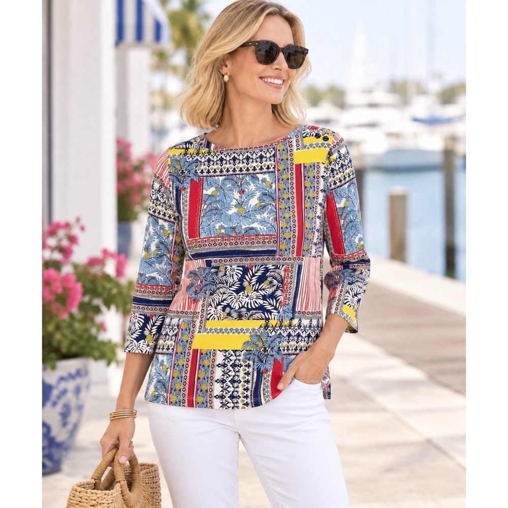 J McLaughlin Top Size Medium Catalina Cloth Mixed Print 3/4 Sleeve Boat Neck